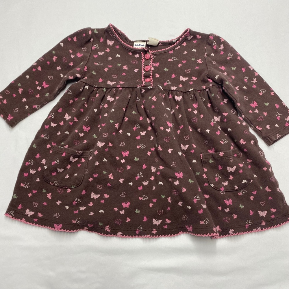 OshKosh Bgosh Baby Girls Brown Pink Butterfly Long Sleeve Cotton Dress 12M
